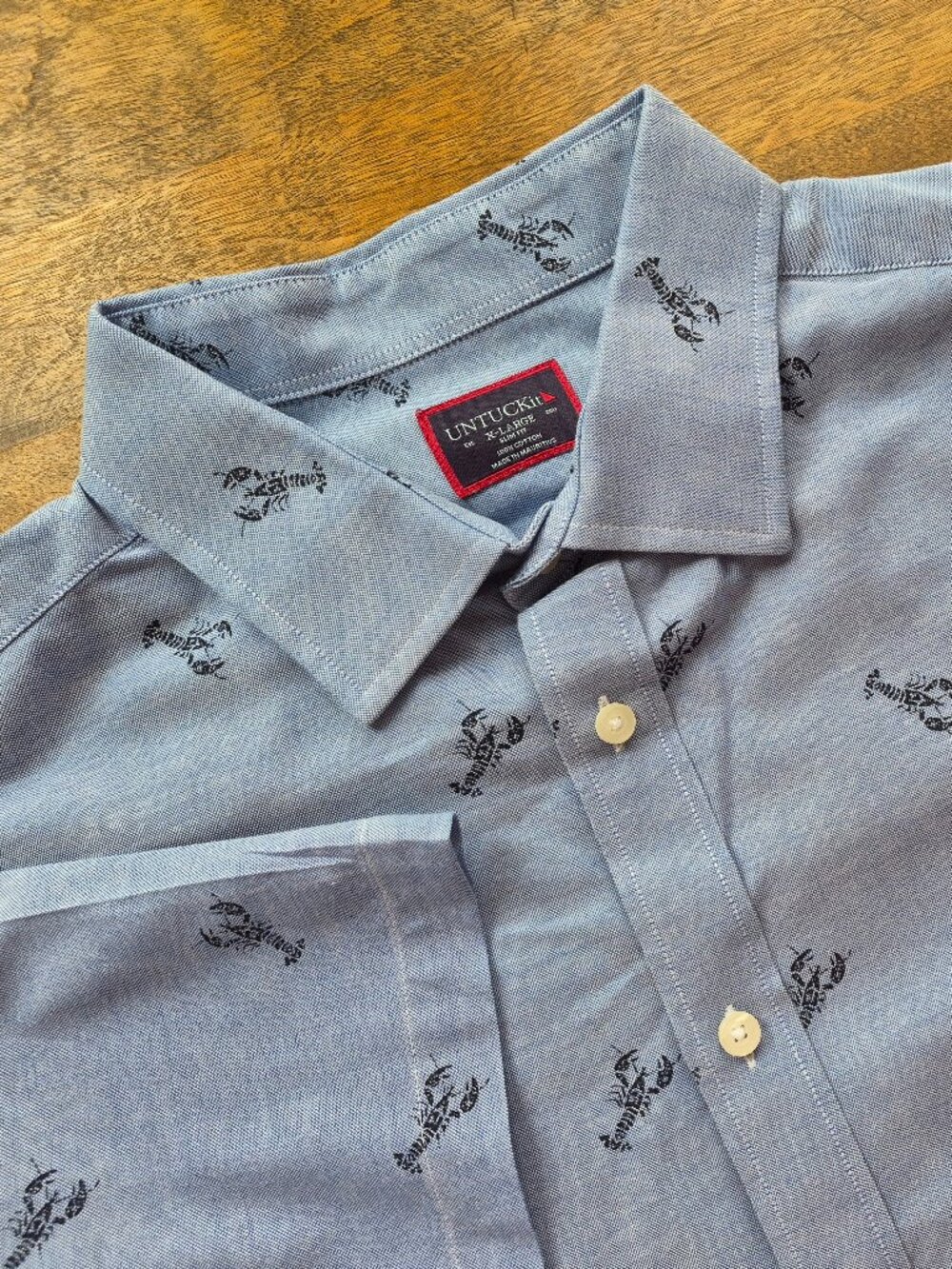 Untuckit Mens XL Riverbank Button Up Shirt Short Sleeve Cotton Blue Lobster Slim